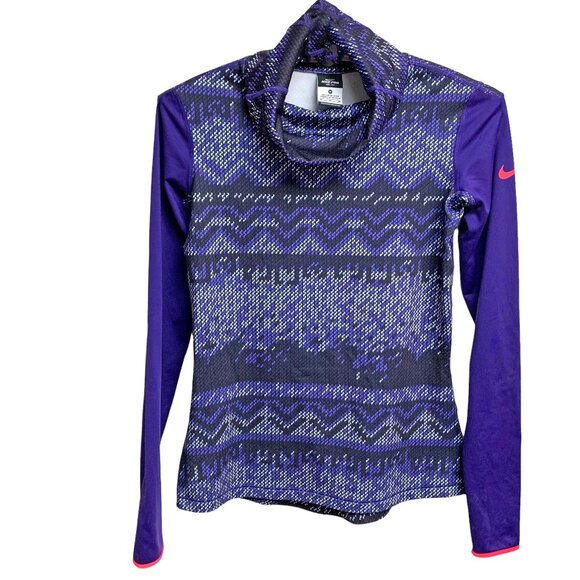Nike Pro DriFit Purple Geometric Print Cowl Neck‎ Long Sleeve Pullover - Picture 1 of 7